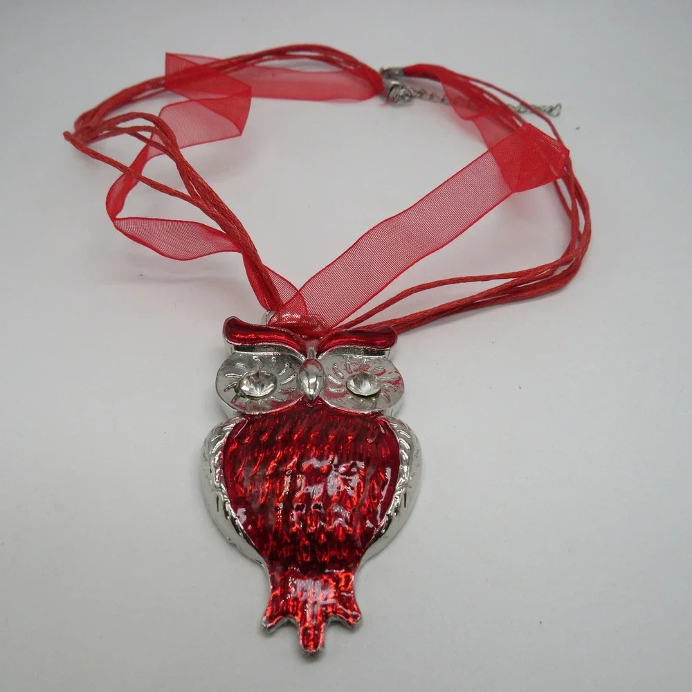 Red Owl Enamel Jewelry Set Necklace and Earrings Rhinestone Eyes 16 Inch